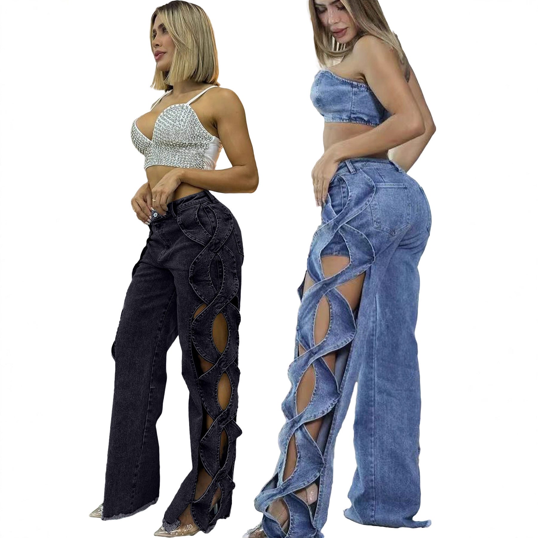Side Cut-Out Denim Patchwork Pants