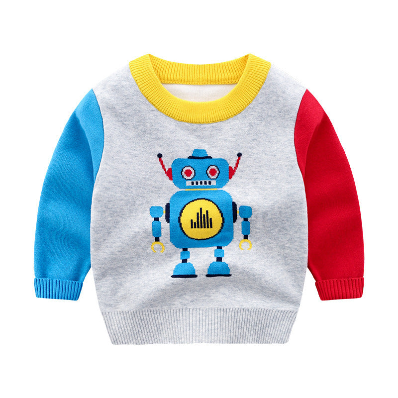 Kids' Robot Patchwork Round Neck Pullover Sweater