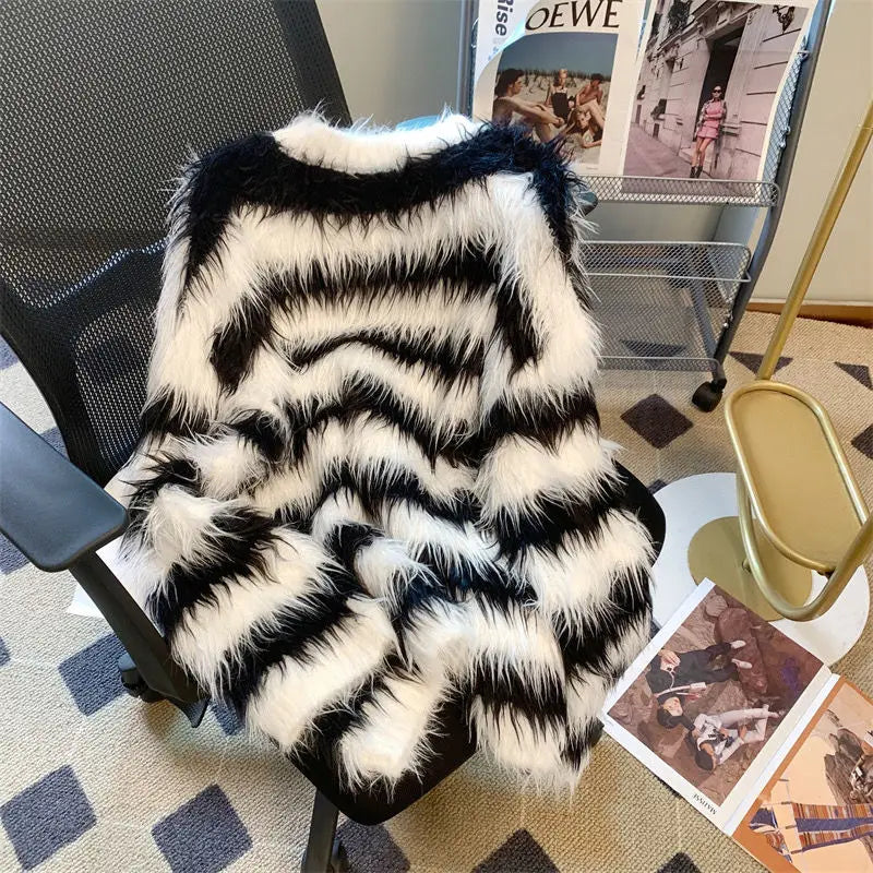 Striped Pullover Sweater, Faux Mink Texture - alternate view