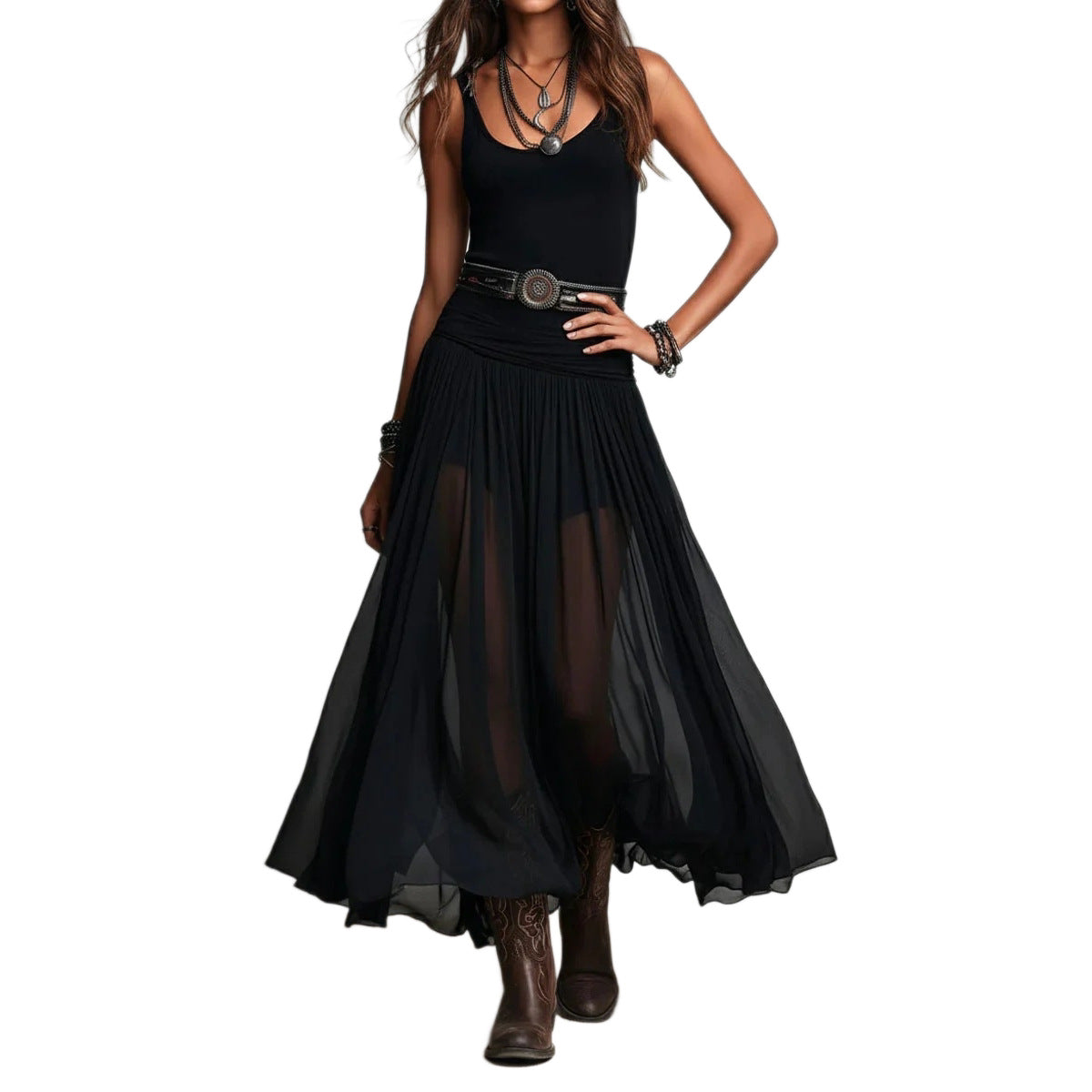 Black Mesh Belted Maxi Dress