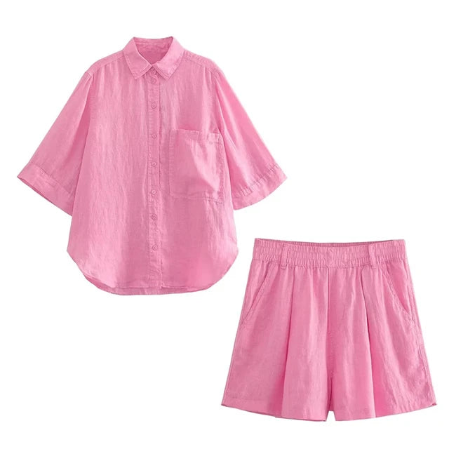 Linen Blouse & Wide-Leg Shorts Set