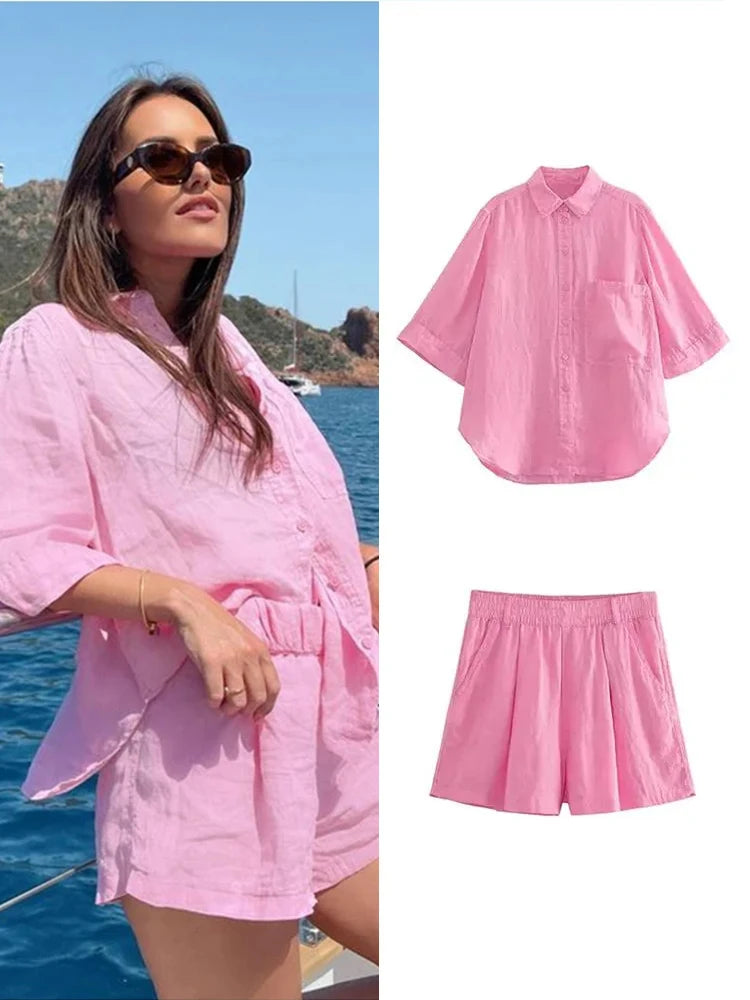 Linen Blouse & Wide-Leg Shorts Set