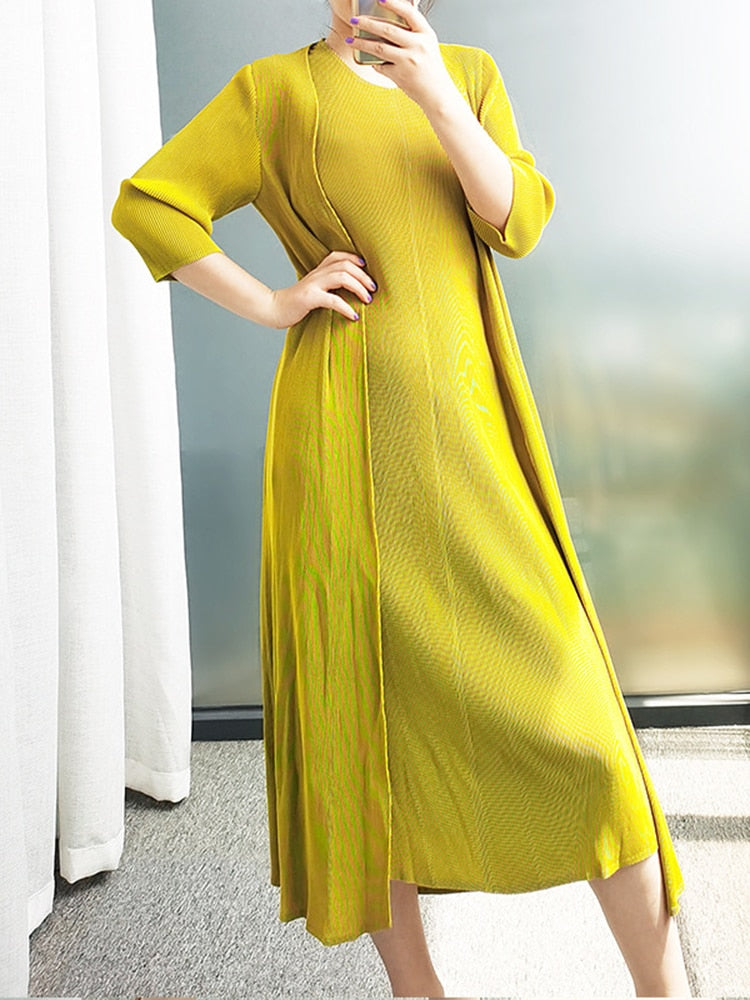 Pleated Dress & Long Coat Two-Piece Set - alternate view
