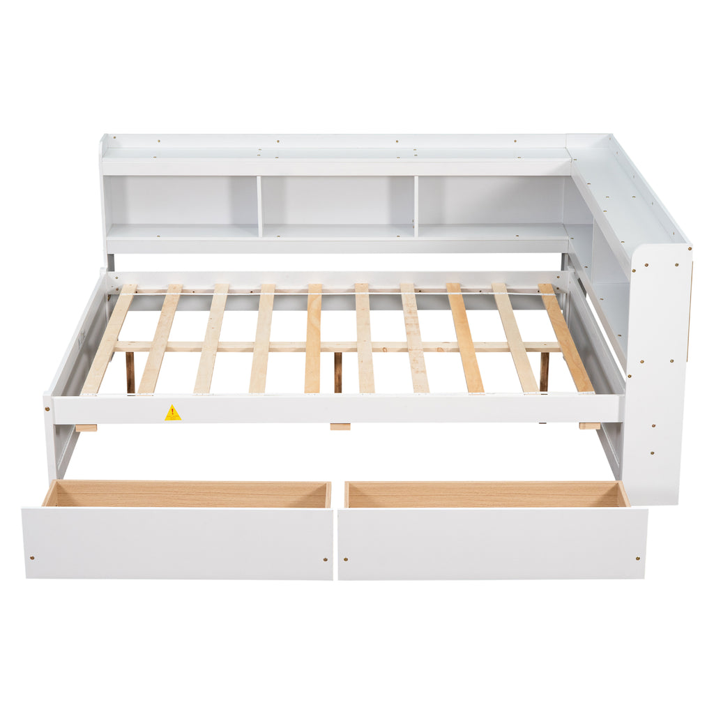 Full-Size Bed with L-Shaped Bookcase & Drawers