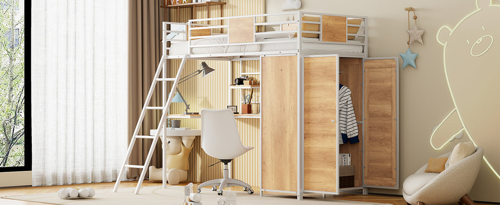 Twin Loft Bed with Desk & Wardrobe (White)