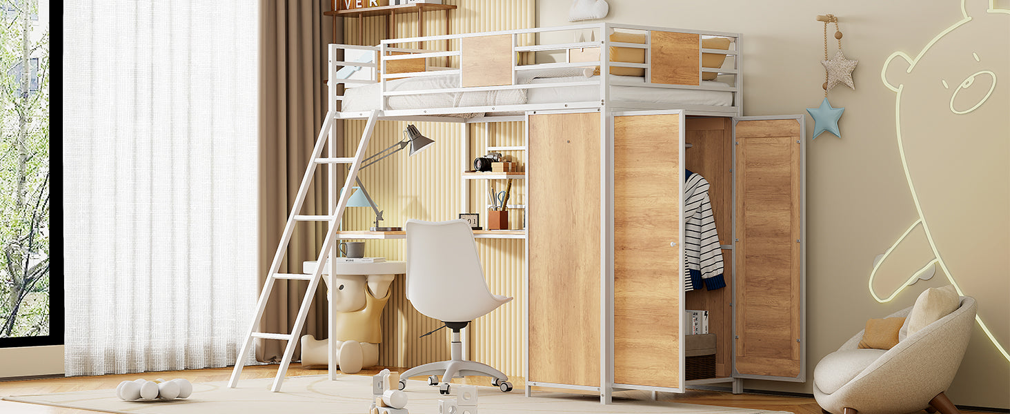 Twin Loft Bed with Desk & Wardrobe (White)