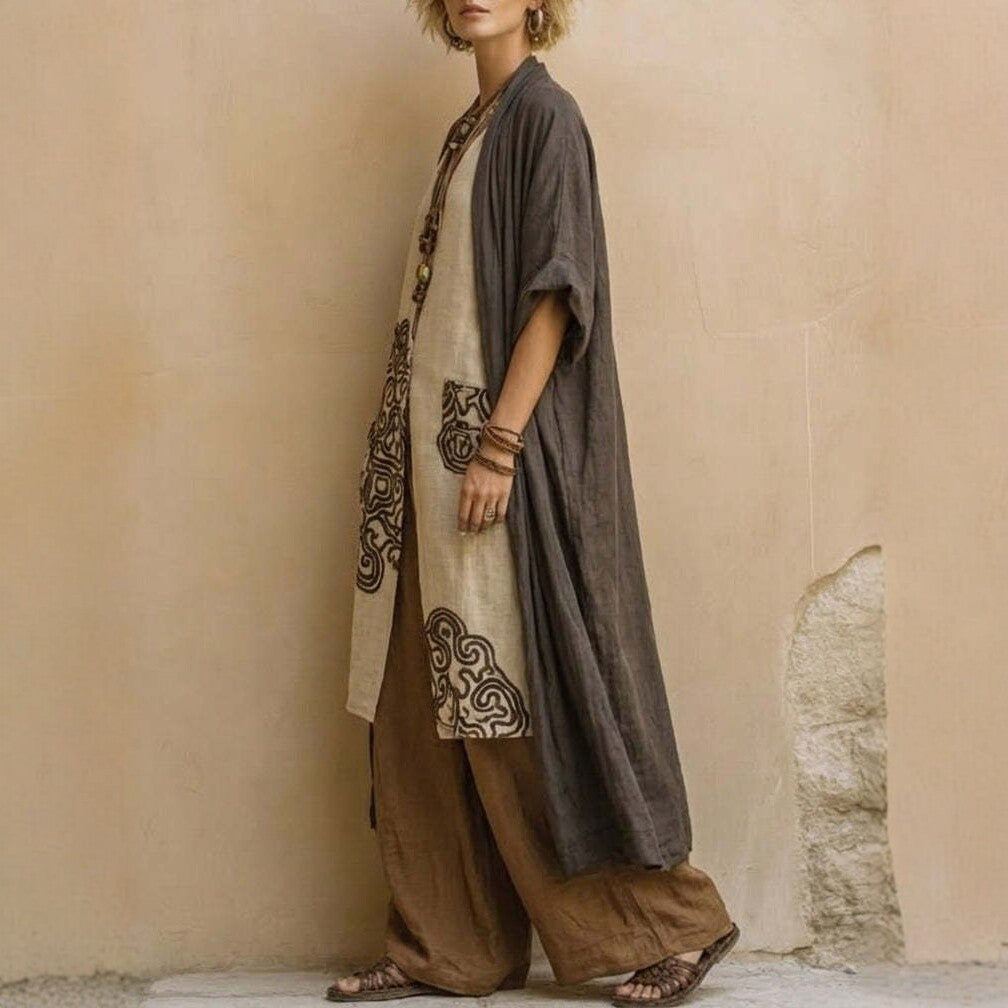 Embroidered Robe & Wide-Leg Pants Set