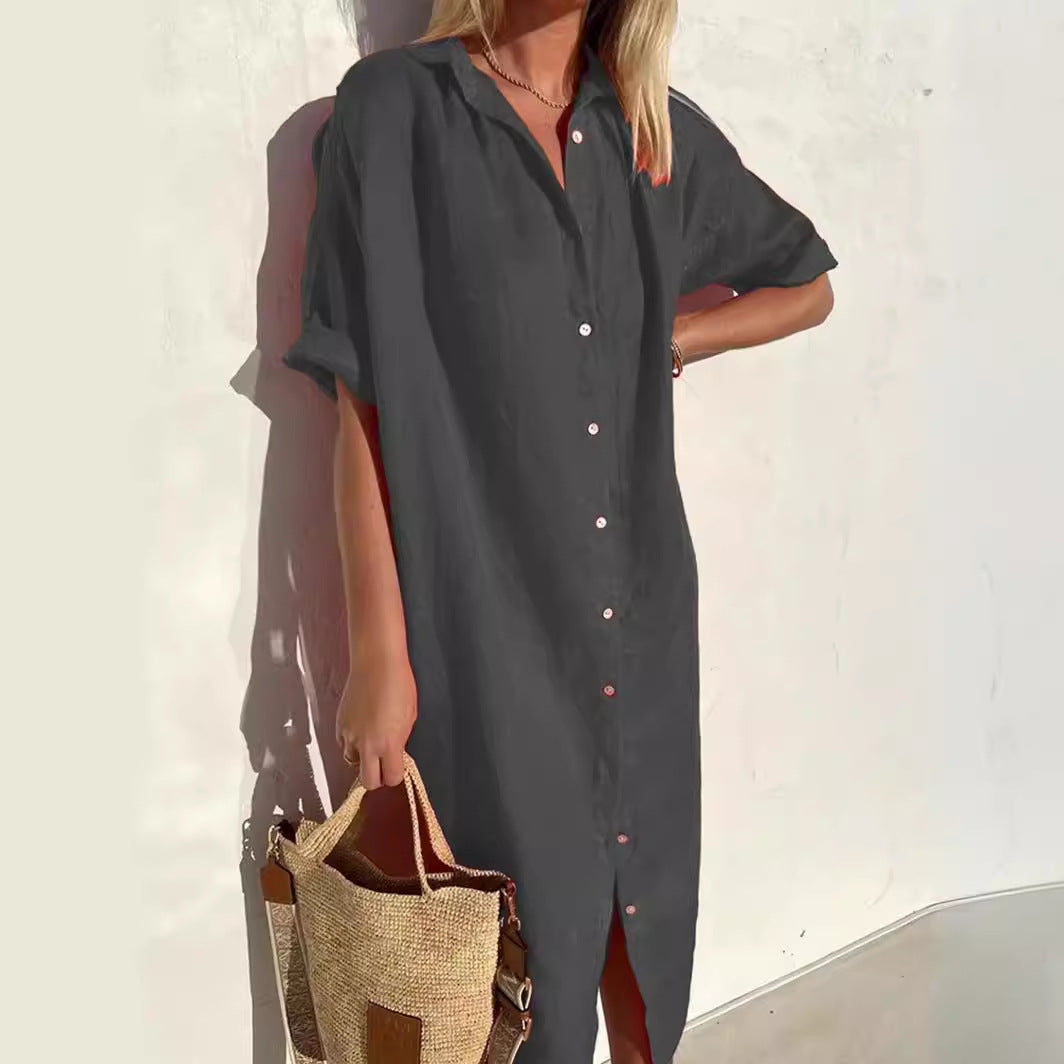 Loose Short-Sleeve Button-Up Dress - alternate view
