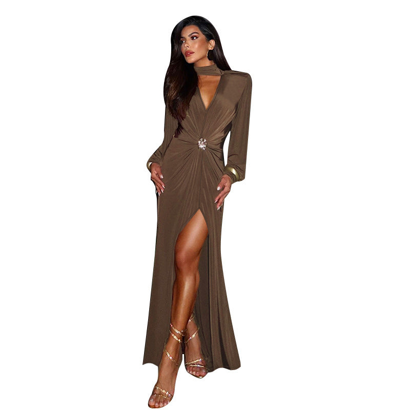 Deep V-Neck High Slit Pleated Evening Dress