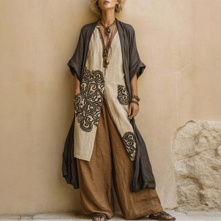 Embroidered Robe & Wide-Leg Pants Set - alternate view