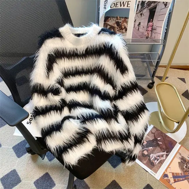 Striped Pullover Sweater, Faux Mink Texture