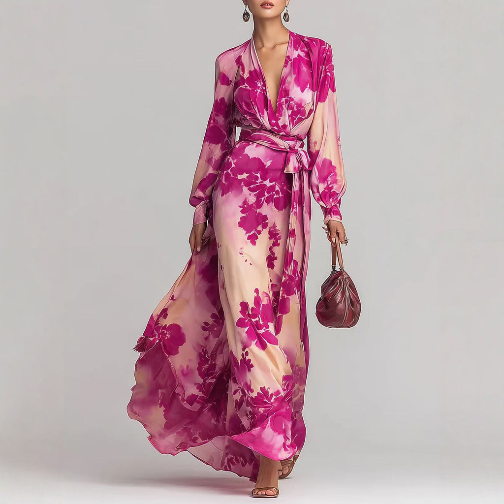 Printed Chiffon V-Neck Tie-Up Dress