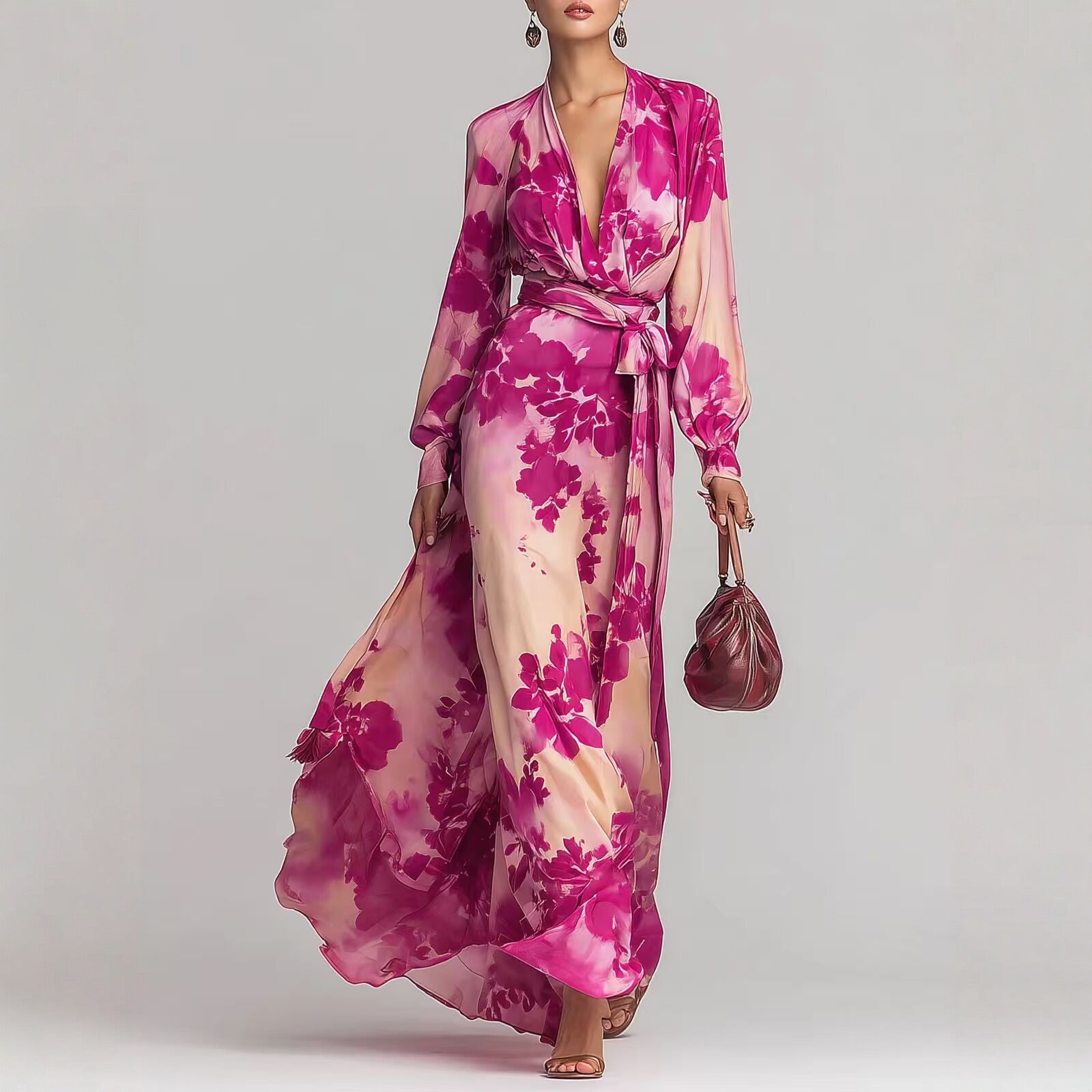 Printed Chiffon V-Neck Tie-Up Dress