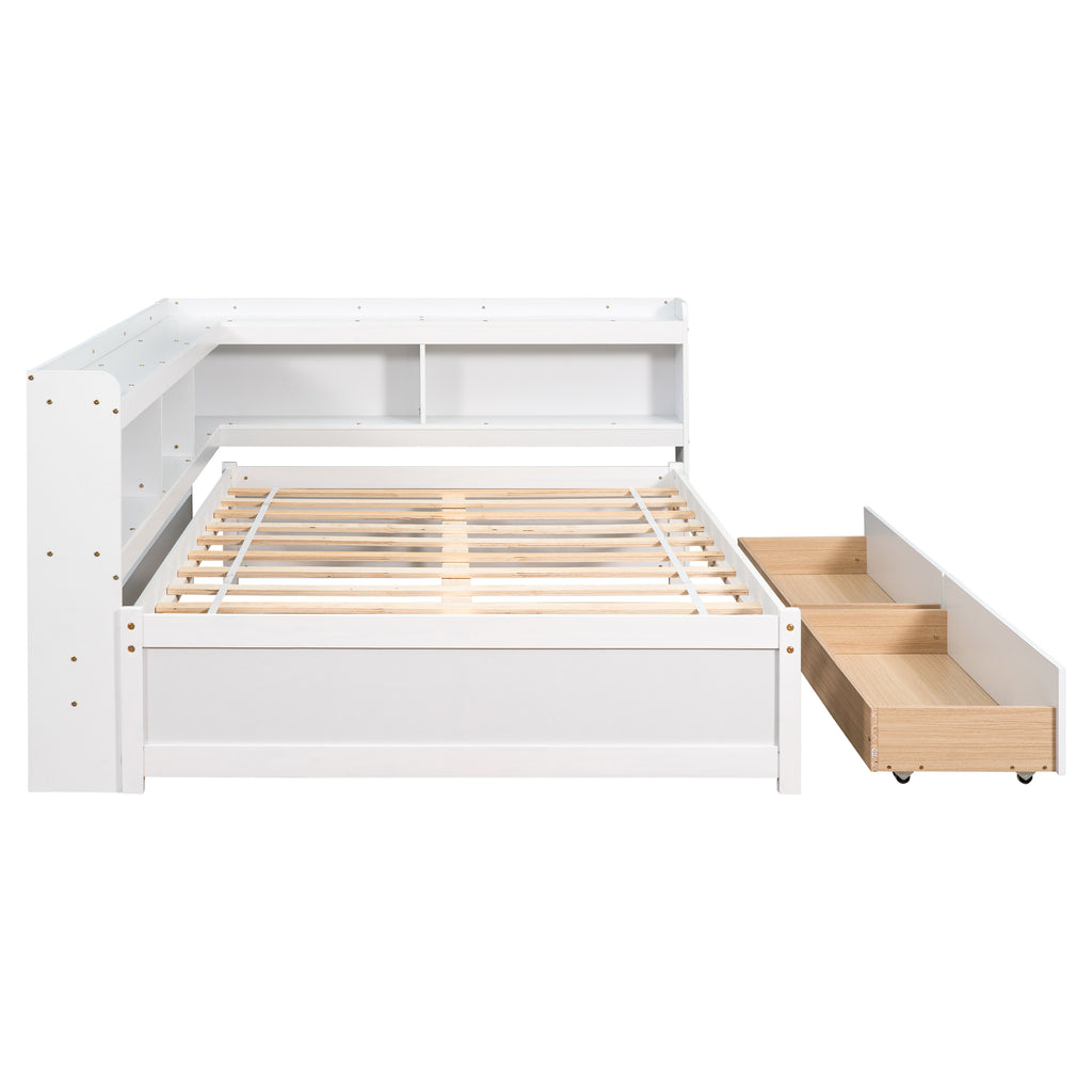 Full-Size Bed with L-Shaped Bookcase & Drawers