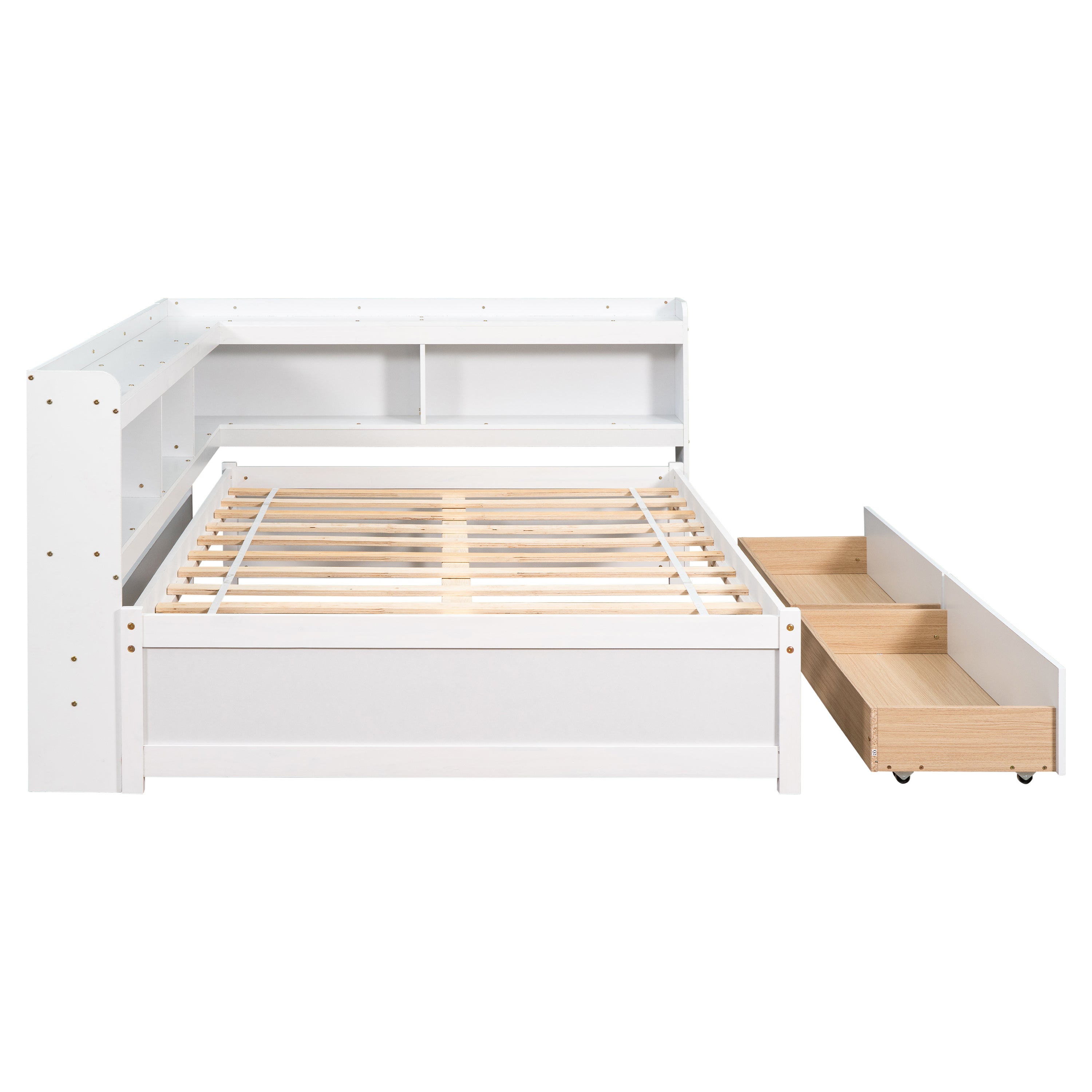 Full-Size Bed with L-Shaped Bookcase & Drawers