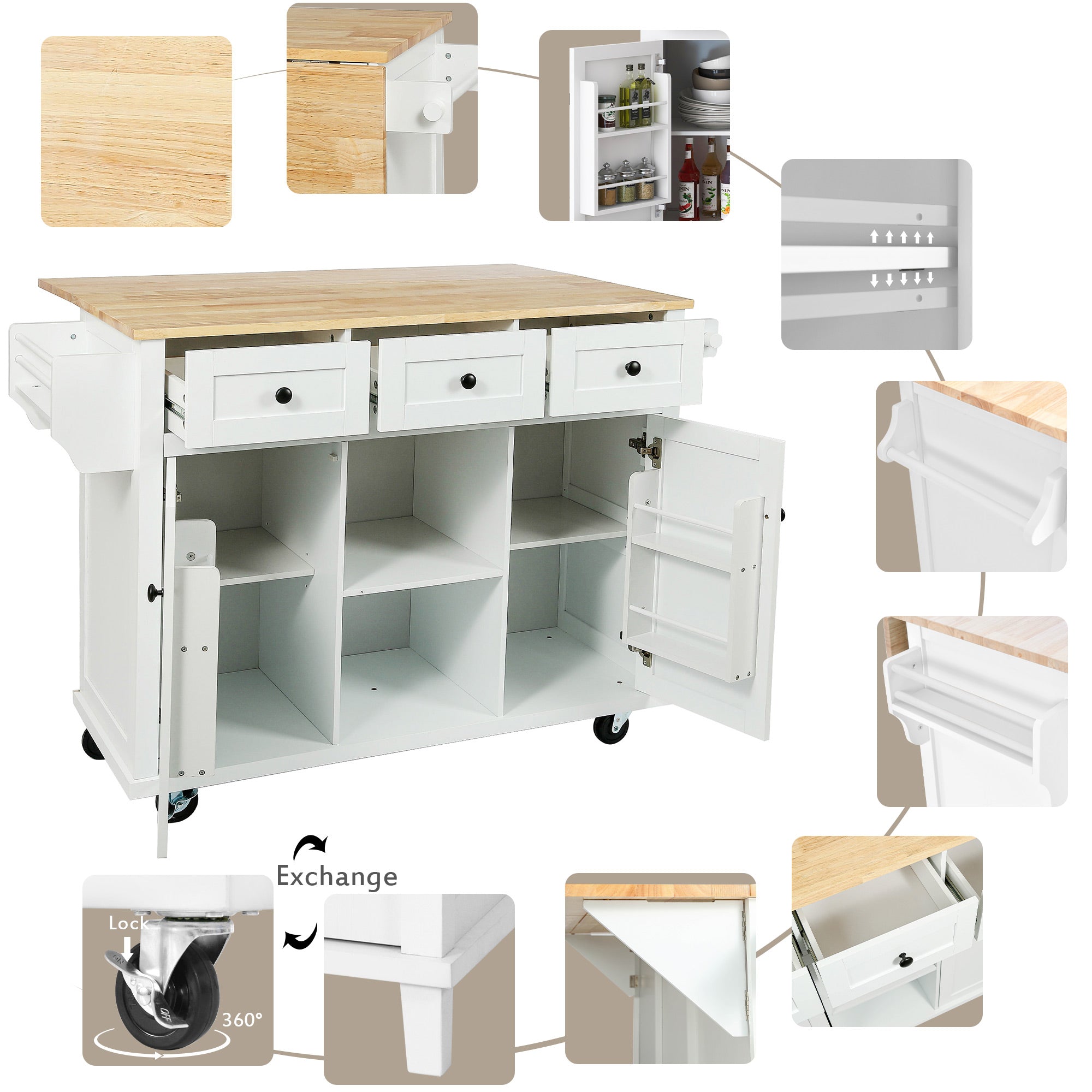 Rubber Wood Kitchen Trolley, White
