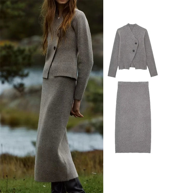Knit Cardigan & Midi Skirt Autumn Set - alternate view