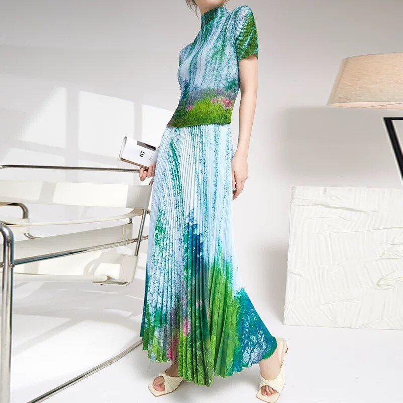 Floral Print Stand Collar Skirt Set