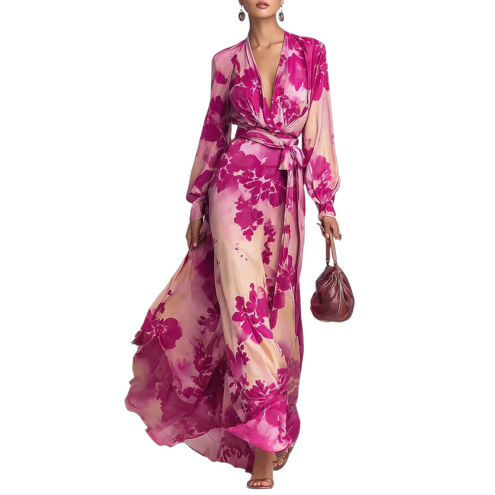 Printed Chiffon V-Neck Tie-Up Dress