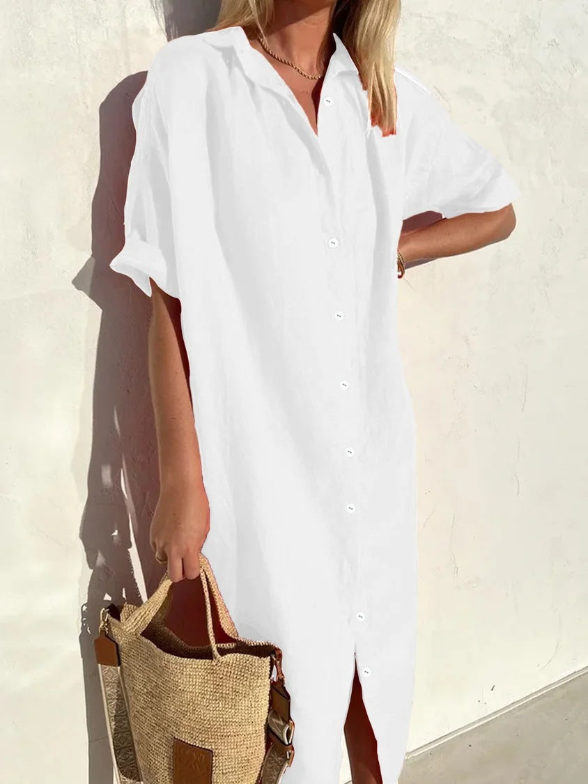Loose Short-Sleeve Button-Up Dress