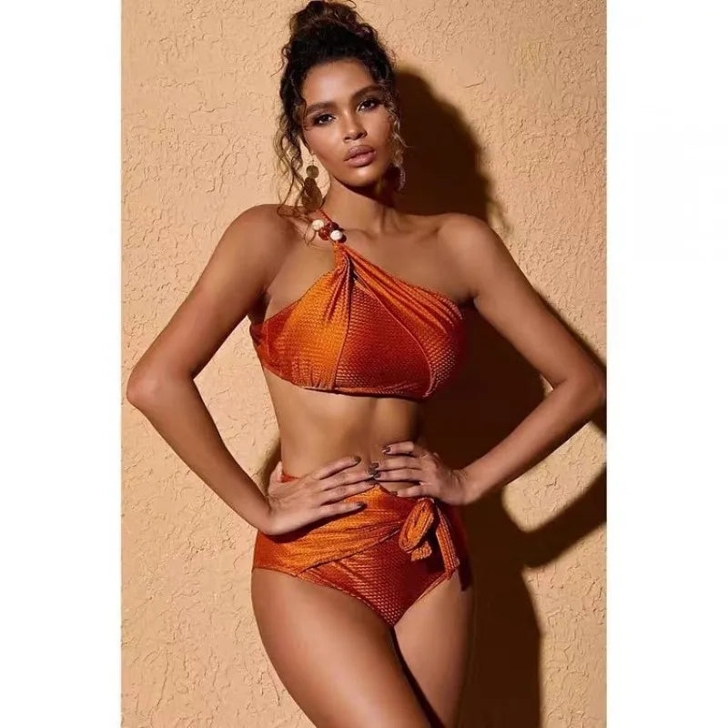 One-Shoulder Beaded 3-Piece Swimwear Set