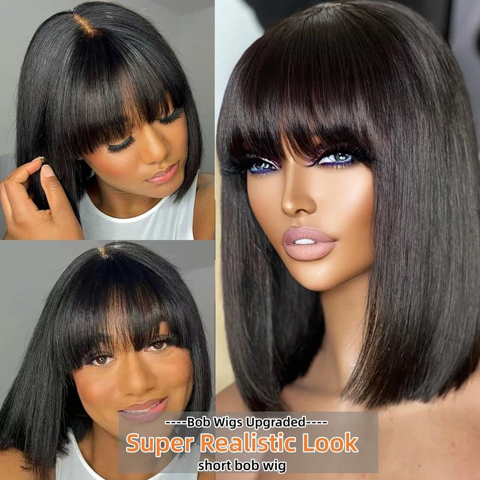 Short Bob Human Hair Wig with Bangs - detail view