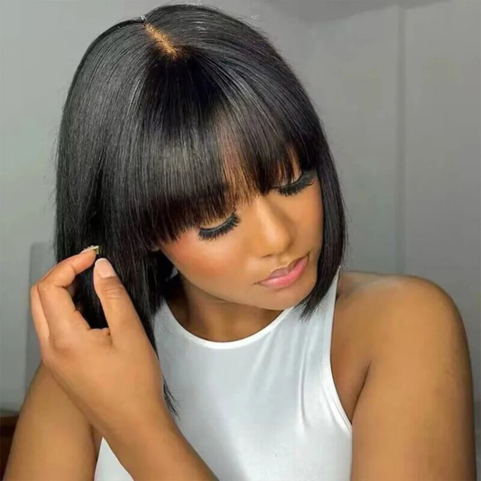 Short Bob Human Hair Wig with Bangs