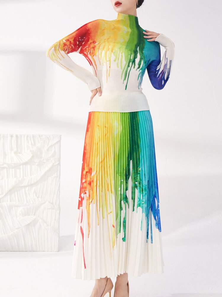 Gradient Pleated Turtleneck Skirt Set