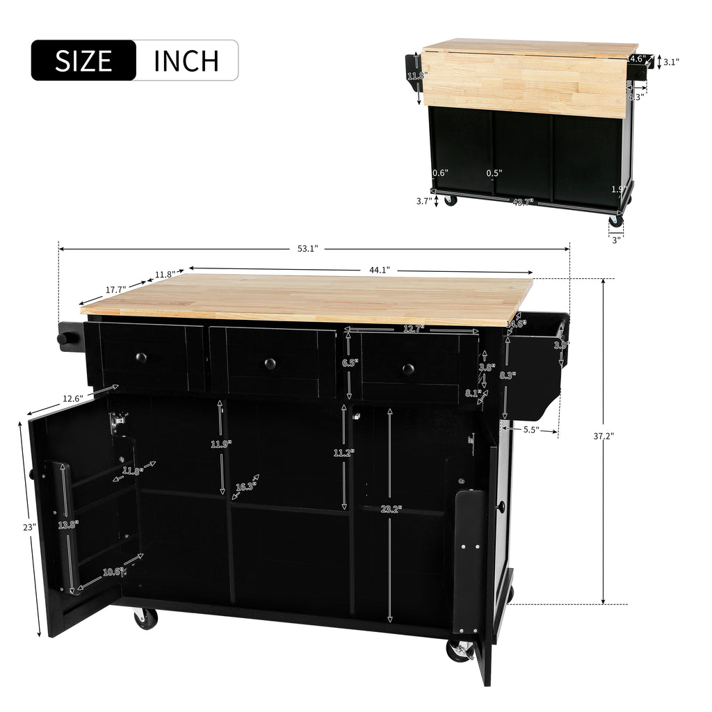 Rubber Wood Kitchen Trolley with Drop-Leaf Top