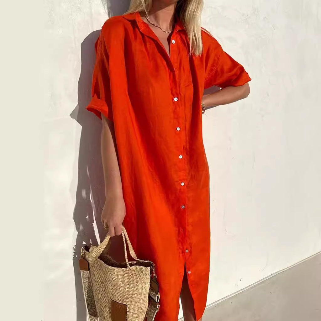 Loose Short-Sleeve Button-Up Dress