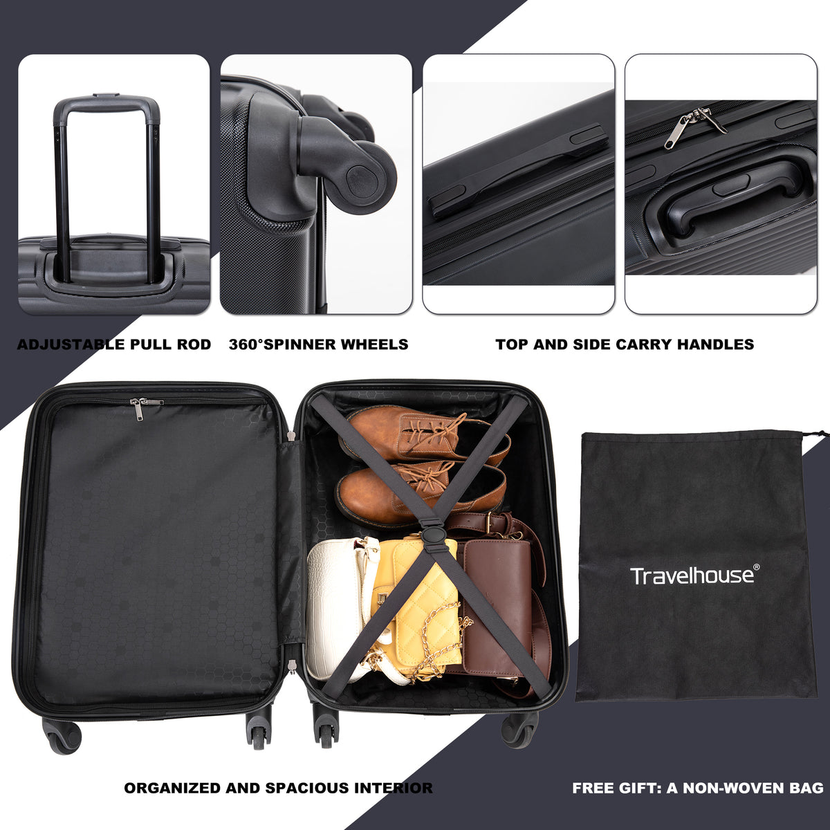 20" Carry-on Luggage Lightweight Suitcase, Spinner Wheels, Black