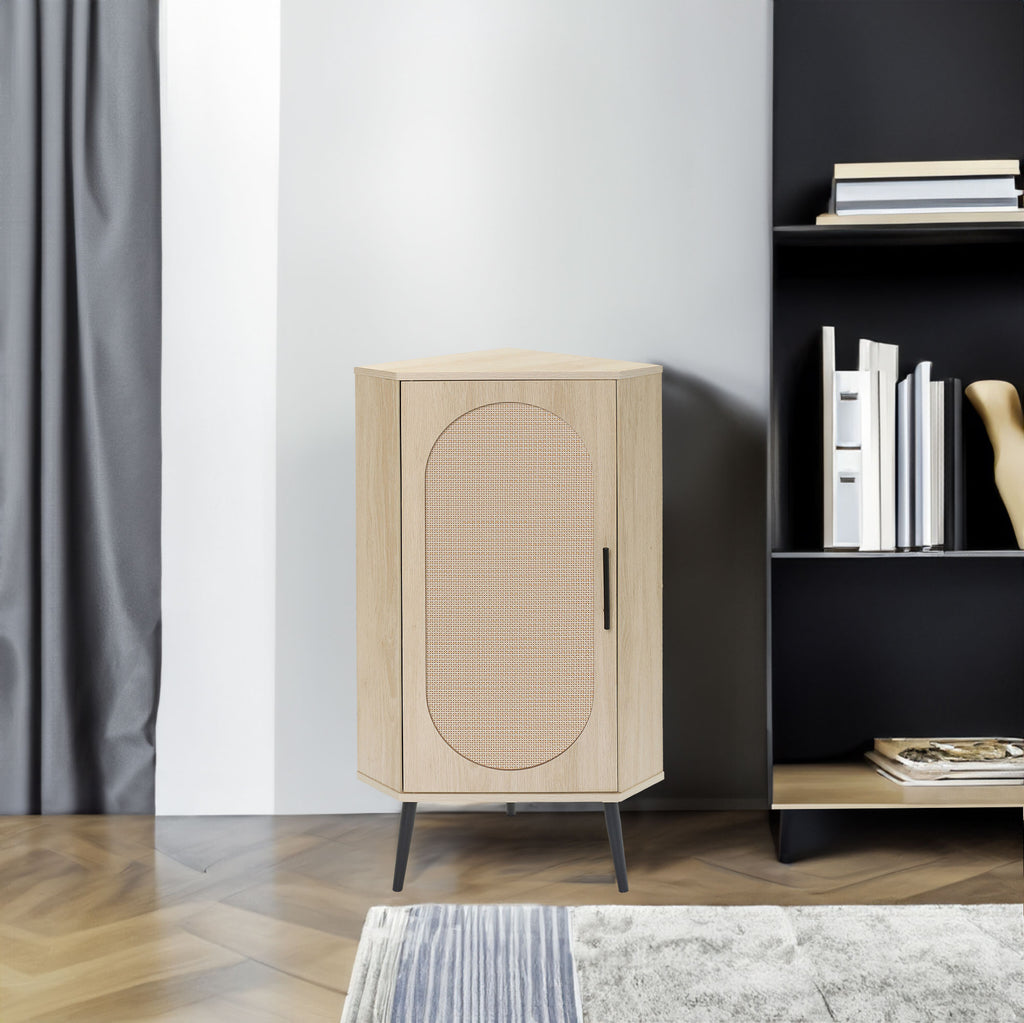 Rattan Door Freestanding Corner Cabinet