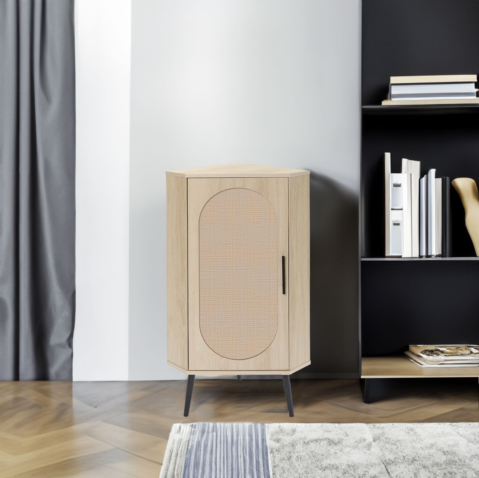 Rattan Door Freestanding Corner Cabinet