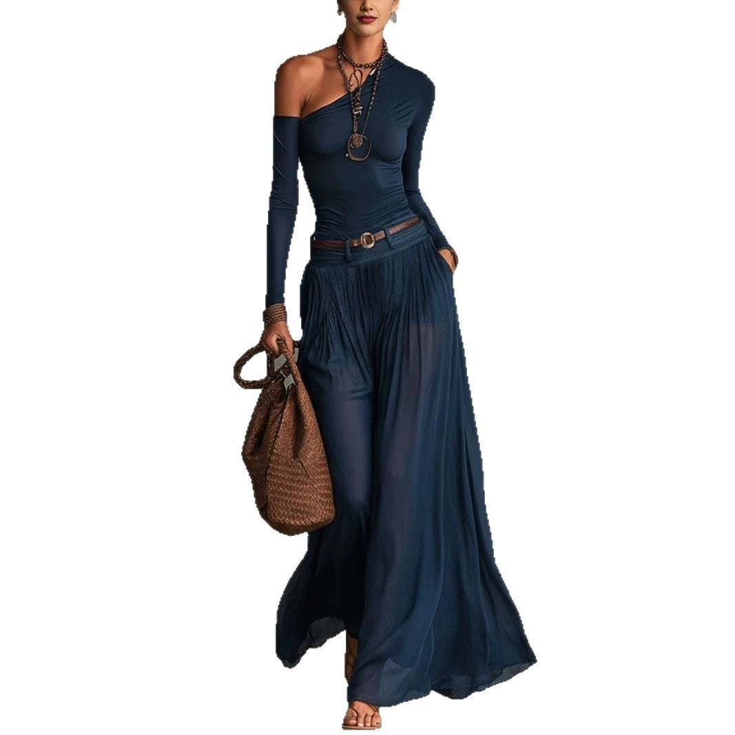 Asymmetrical Shoulder Belted Long Dress - detail view