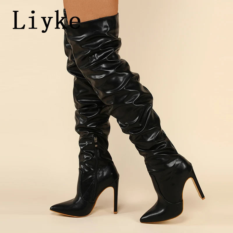Women's Pleated Leather Over-the-Knee Boots – Pointed Toe, Zip Closure, White High Heel