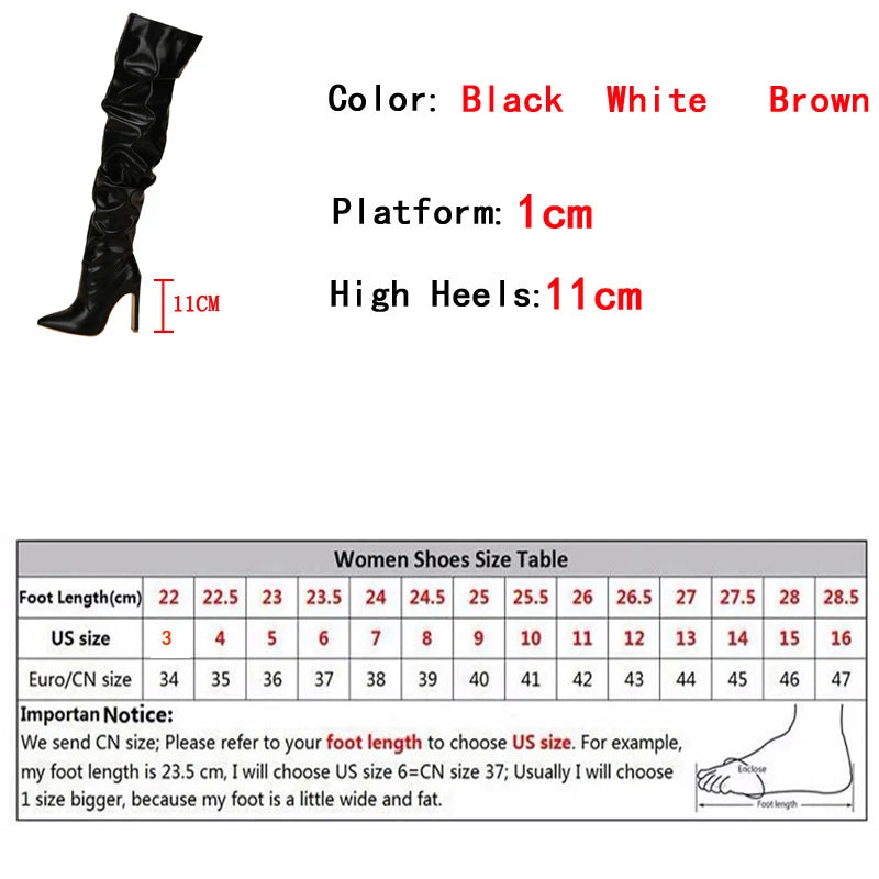 Women's Pleated Leather Over-the-Knee Boots – Pointed Toe, Zip Closure, White High Heel