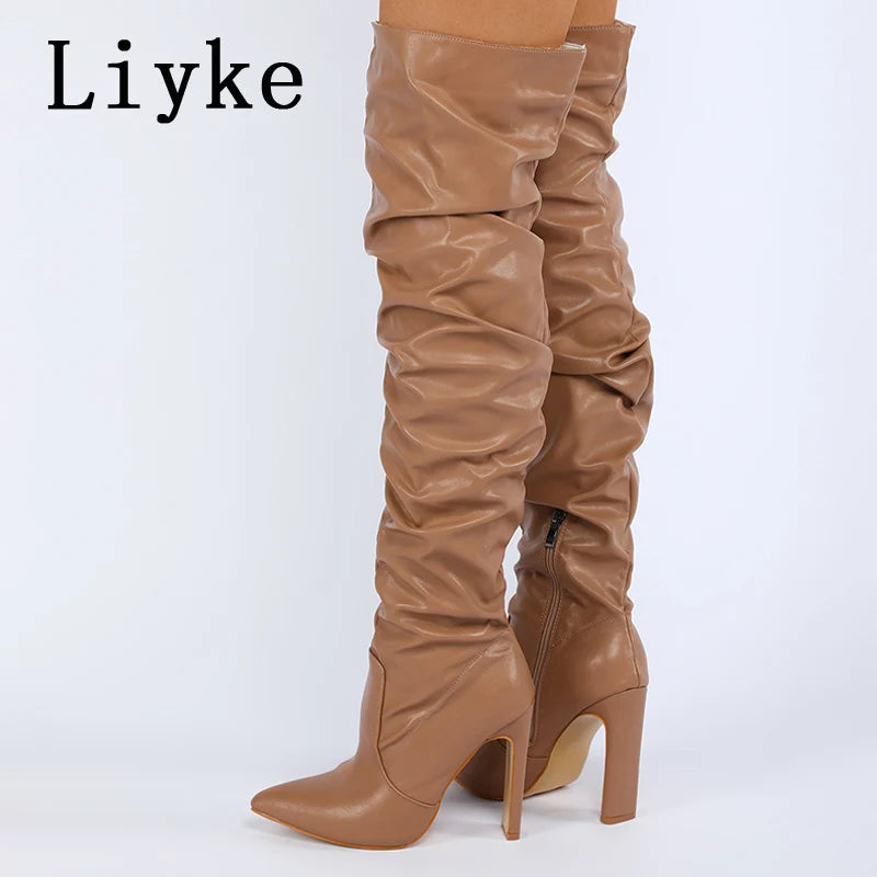 Women's Pleated Leather Over-the-Knee Boots – Pointed Toe, Zip Closure, White High Heel