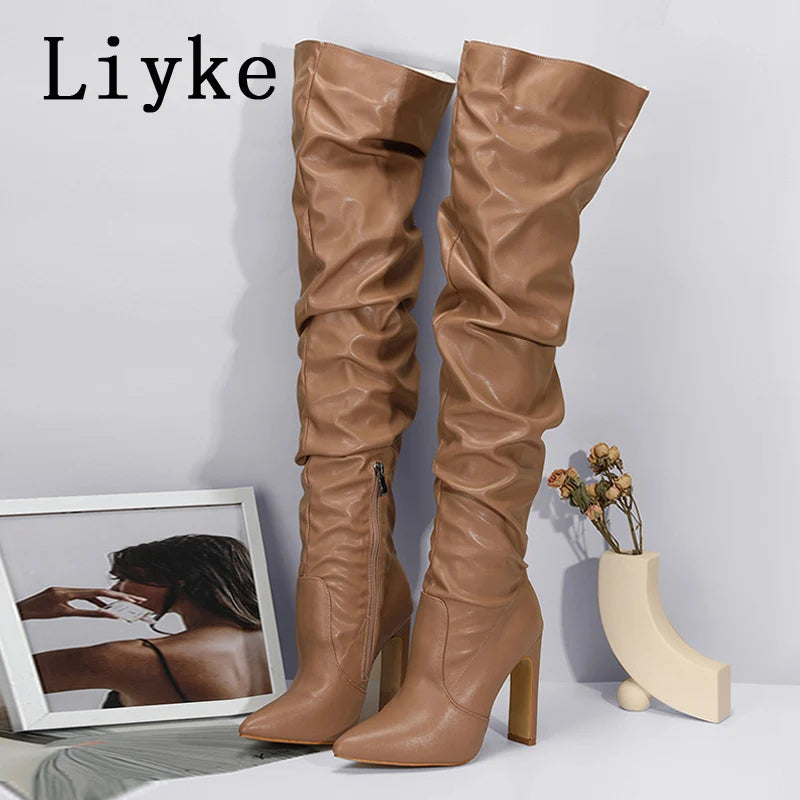 Women's Pleated Leather Over-the-Knee Boots