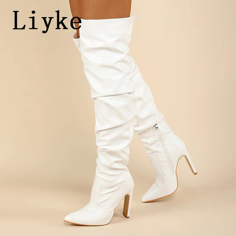 Women's Pleated Leather Over-the-Knee Boots