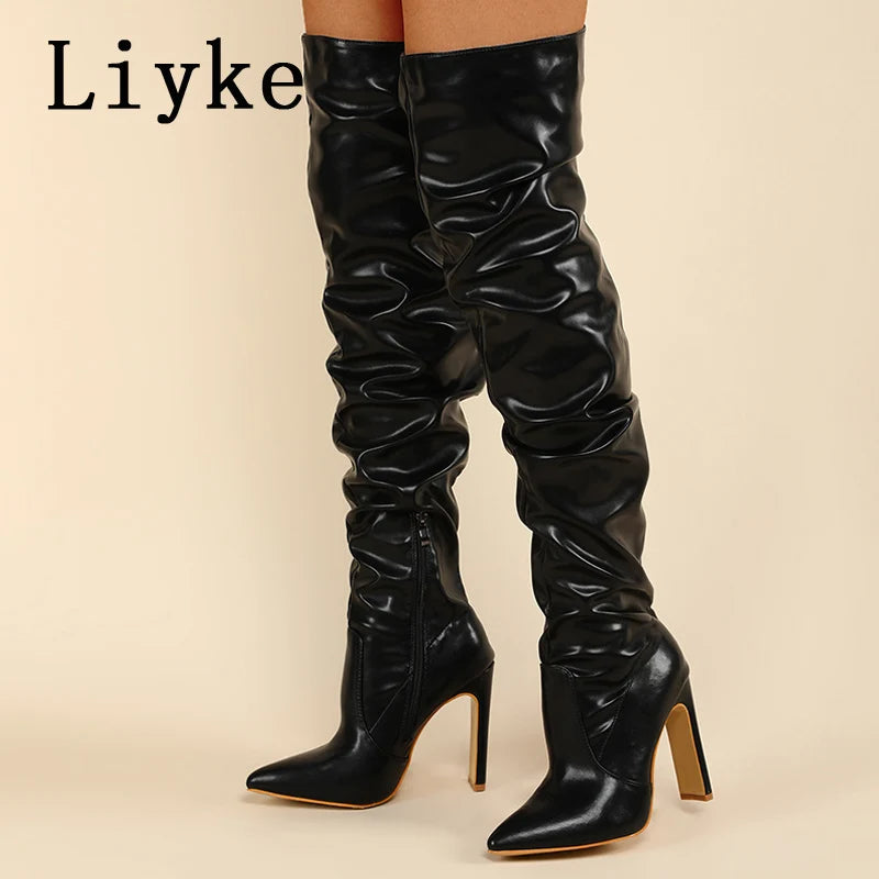 Women's Pleated Leather Over-the-Knee Boots – Pointed Toe, Zip Closure, White High Heel