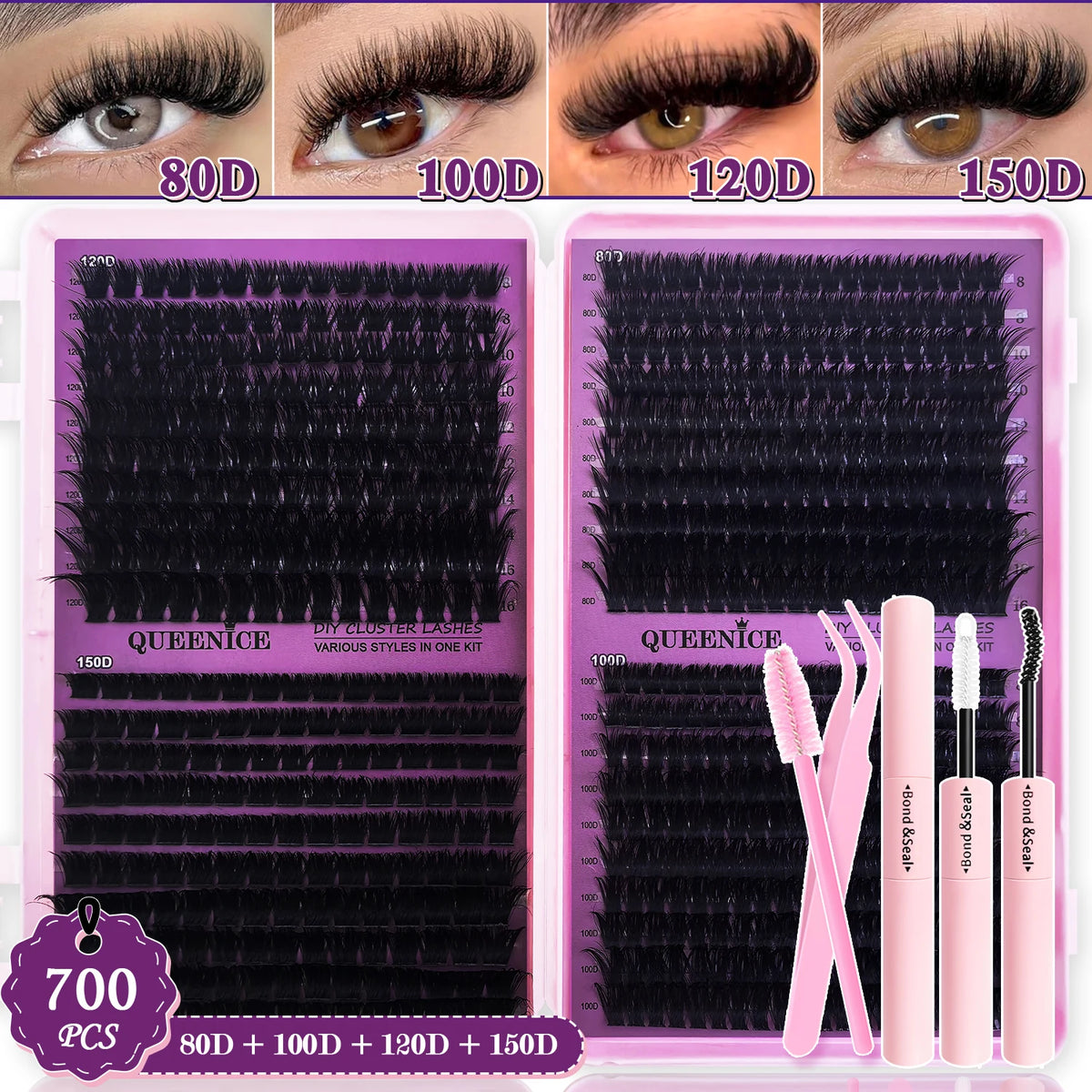 QUEENICE Cluster DIY Lash Extension Mixed Tray — Fluffy Individual & Cat Eye Cluster Lashes