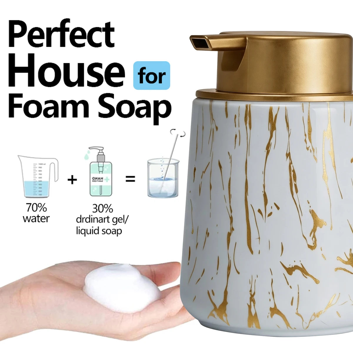 Bathroom Accessories Set - Foam Soap Dispenser with Gold Pump& Toothbrush Holder, Modern Vanity Organizer for Bathroom Kitchen