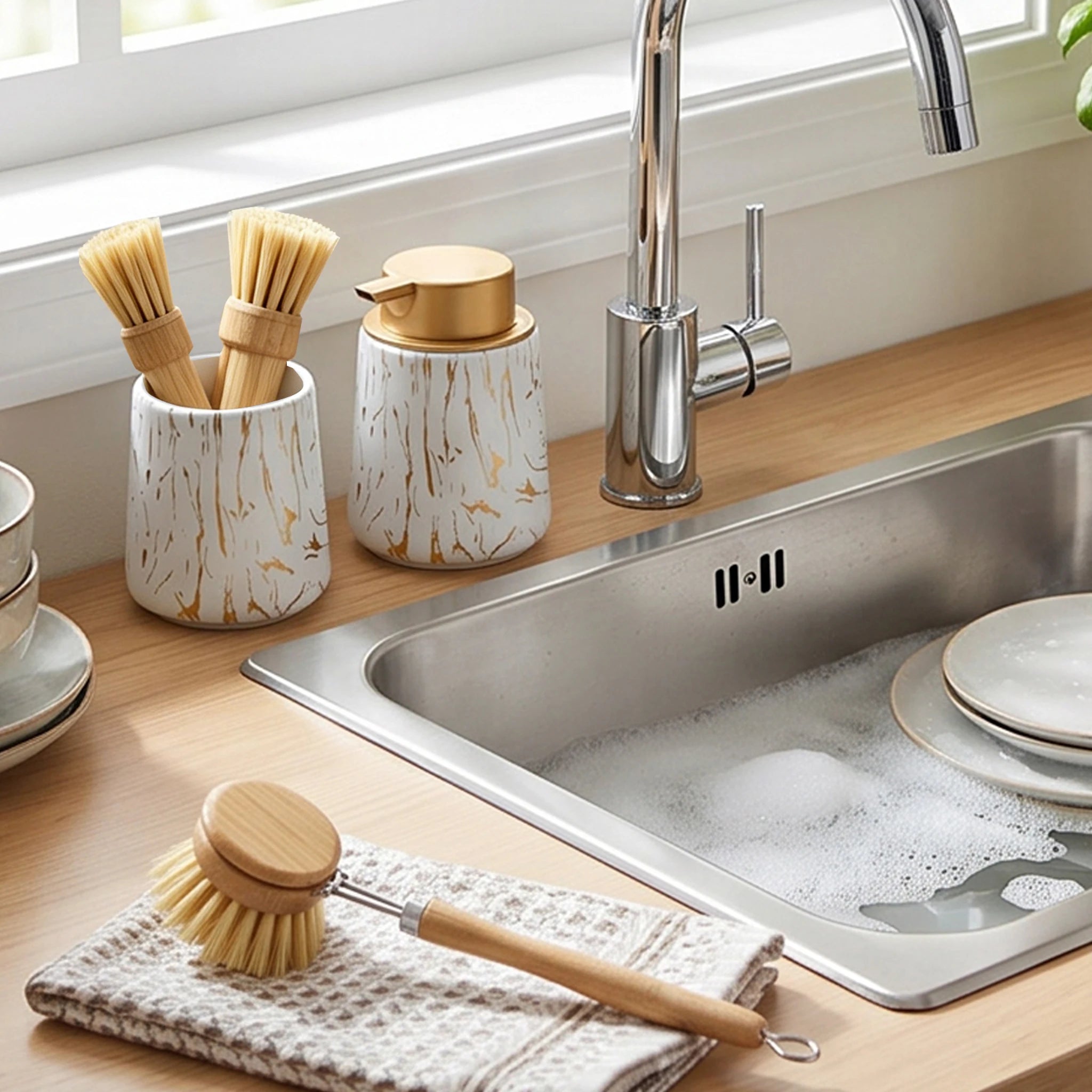 Bathroom Accessories Set - Foam Soap Dispenser with Gold Pump& Toothbrush Holder, Modern Vanity Organizer for Bathroom Kitchen