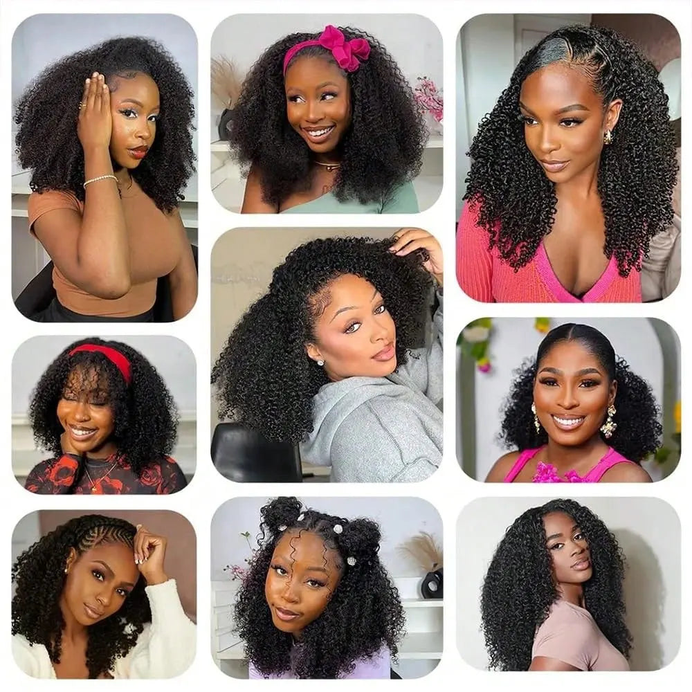 Jerry Curly Headband Wig – Kinky Curly Human Hair, 3-in-1 Clip-In, No Sew-In Needed