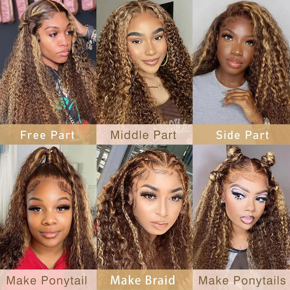 13x4 HD Lace Frontal Wig – Highlight Curly Human Hair, #4/27, Glueless, up to 34"