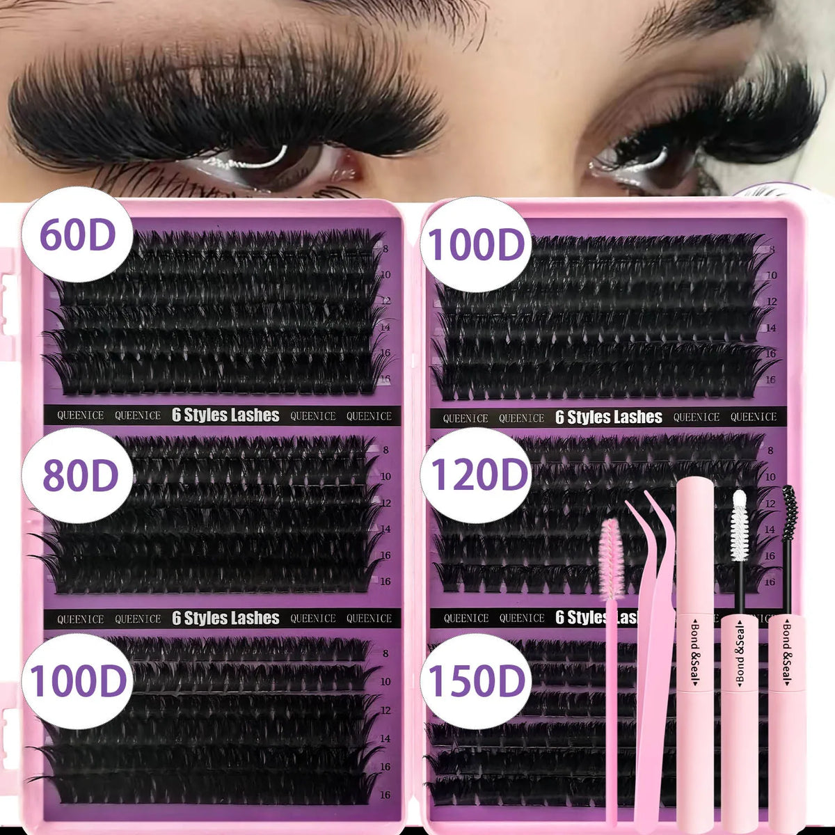 QUEENICE Cluster DIY Lash Extension Mixed Tray — Fluffy Individual & Cat Eye Cluster Lashes