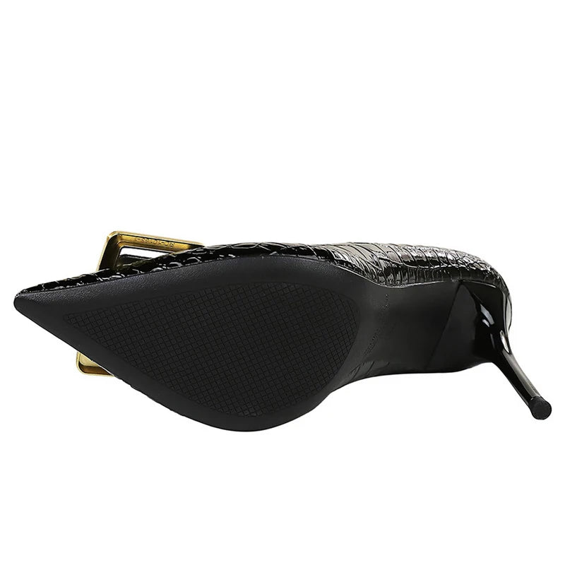 Women's Stiletto High Heel Pumps – Metal Buckle Patent Leather Party Shoes