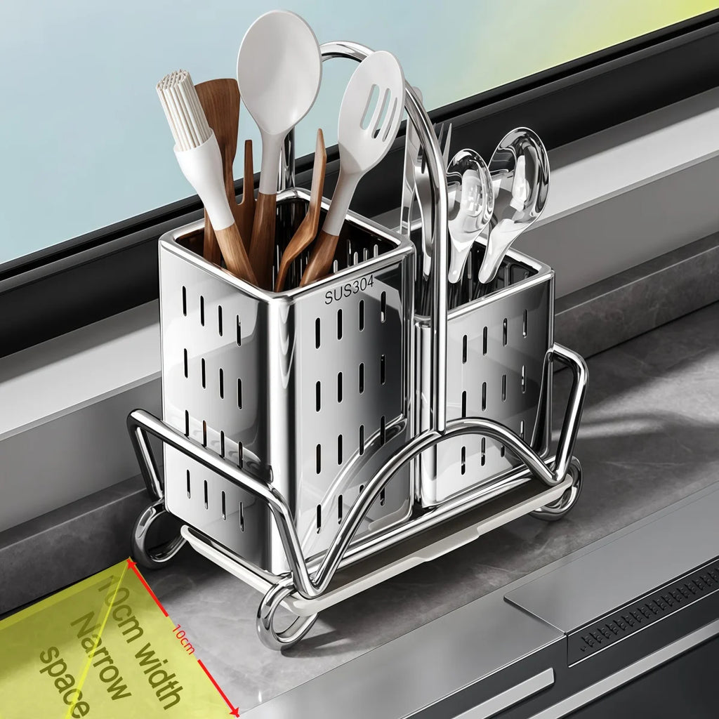 Kitchen Cutlery Organiser, Stainless Steel Utensil Holder for Spoon Fork Knife, Multifunctional Desktop Tableware Storage Rack
