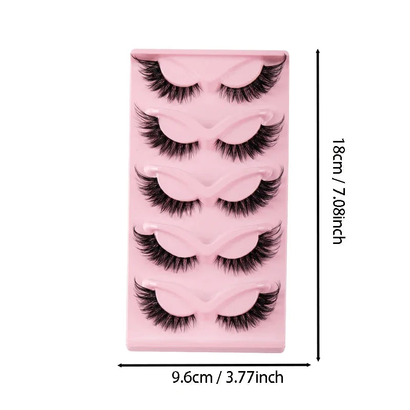 5 Pairs Cat Eye Faux Mink Manga Lashes — Natural Long Winged Strip False Eyelashes for Eye Makeup