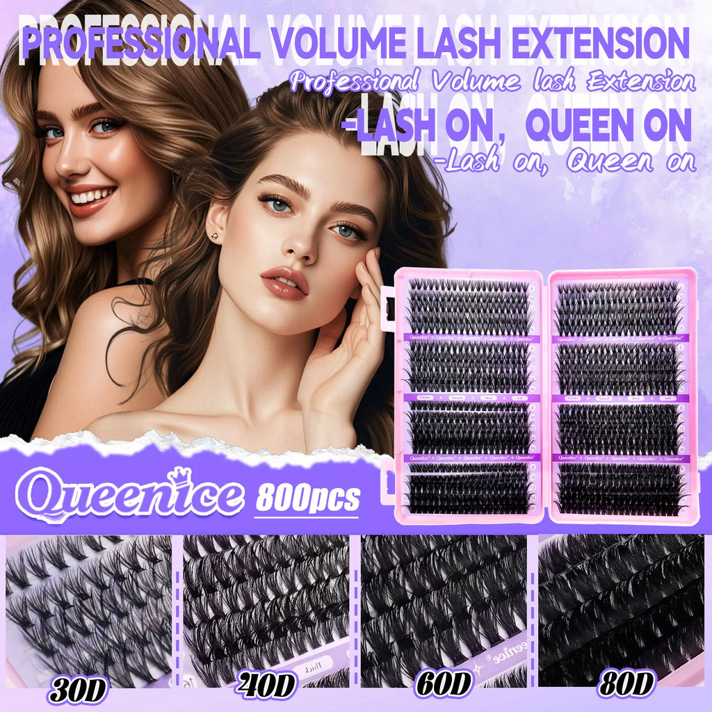 QUEENICE Cluster DIY Lash Extension Mixed Tray — Fluffy Individual & Cat Eye Cluster Lashes